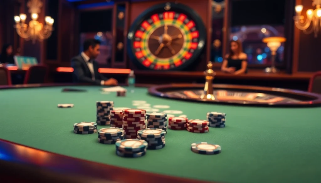 Engage in high-stakes action at u888 com with a luxurious casino scene featuring poker and roulette.