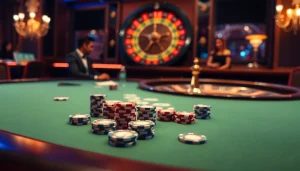Engage in high-stakes action at u888 com with a luxurious casino scene featuring poker and roulette.
