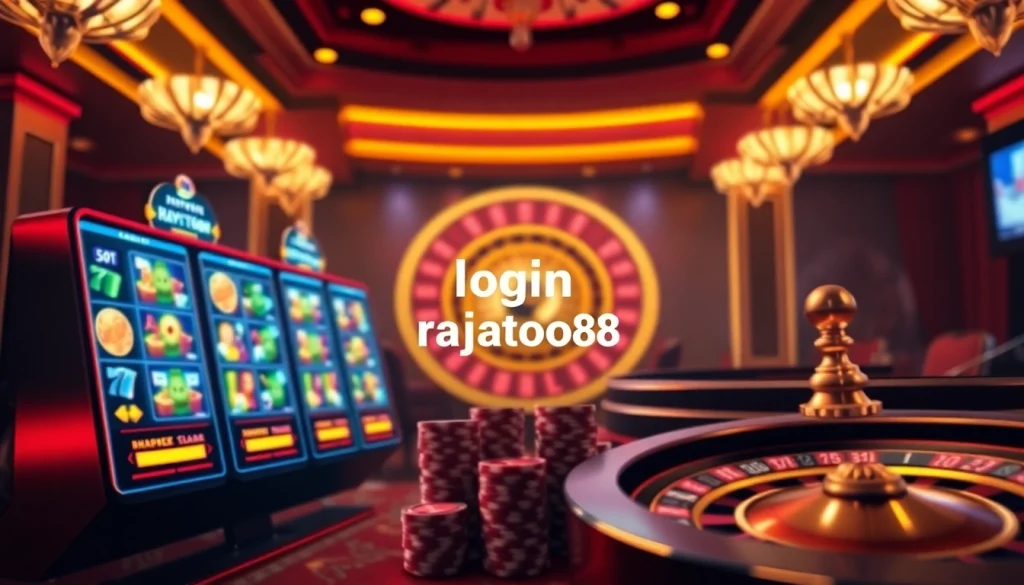 Login rajatoto88 interface with vibrant slot machines and poker chips, capturing the thrill of online gaming