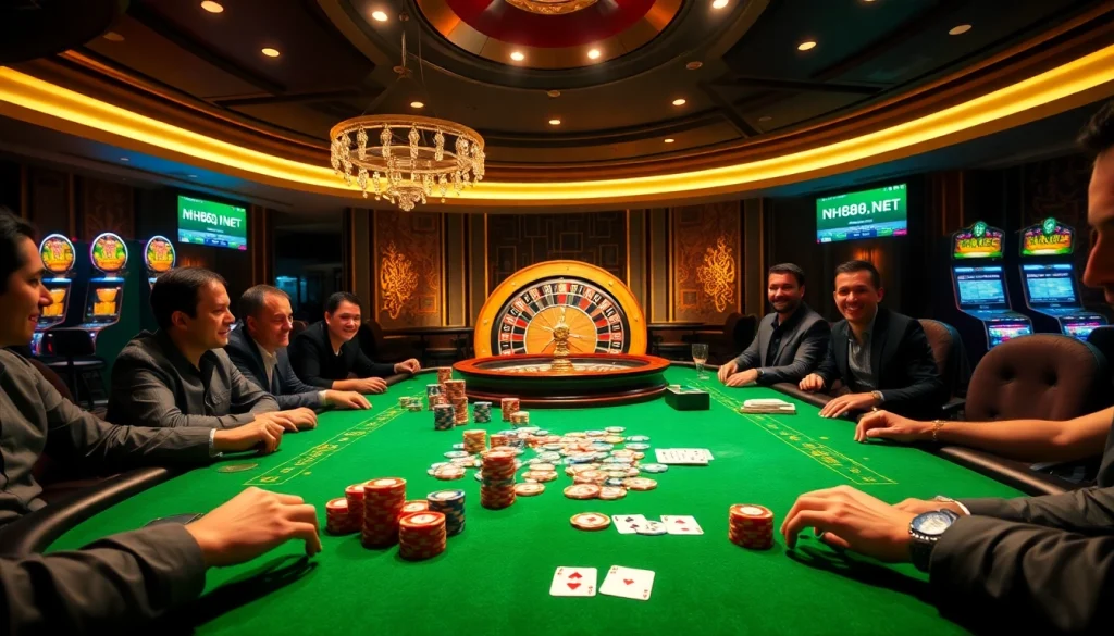 Exciting casino atmosphere featuring poker chips, cards, and a roulette wheel at https://nh88.net/ for every gambler.