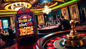Engage with the thrilling slot88 machine in a lavish casino environment filled with players and excitement.