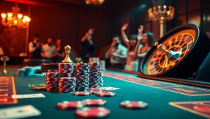 A vibrant casino scene showcasing the excitement of betting at 555win com with poker chips and a roulette wheel.