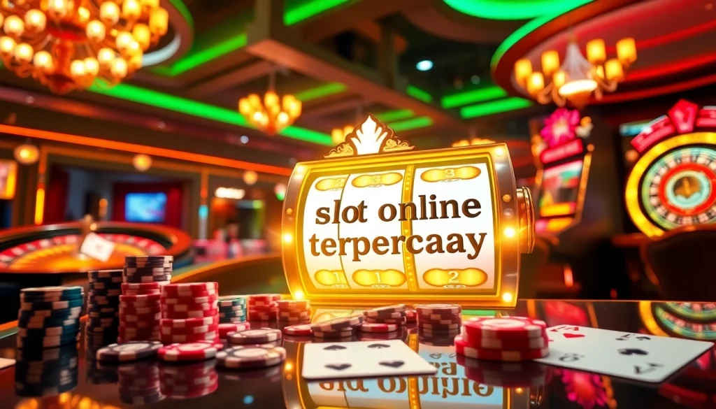 Experience the thrill of slot online terpercaya with a luxurious casino scene featuring winning slot machines and poker chips.