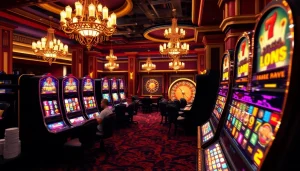 Players enjoy slot88 machines with vibrant colors and luxury decor in this casino scene.