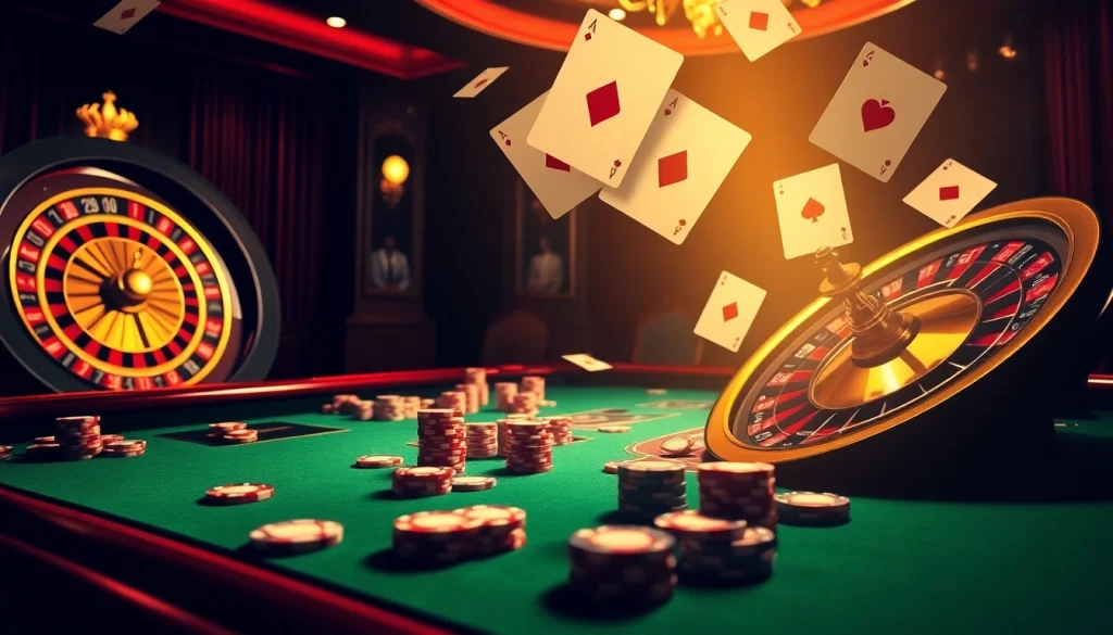Engage in the thrilling atmosphere of gambling at https://kk55.blue/ with a luxurious casino setting featuring poker chips and cards.