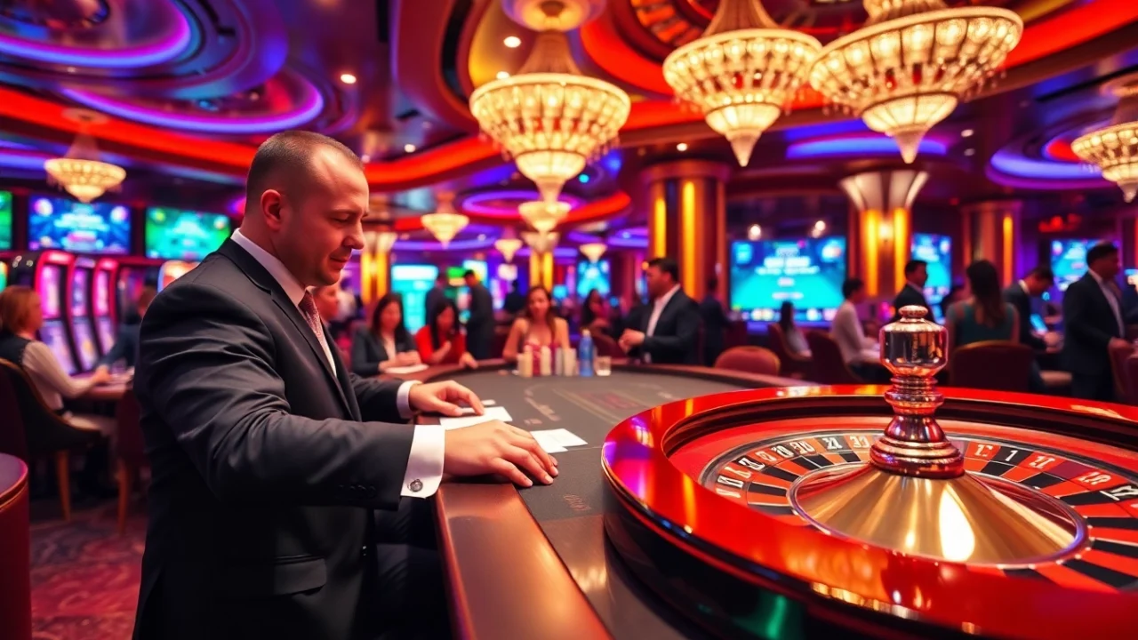 Experience gaming excitement at https://thabet.vegas/ with a dynamic casino scene featuring dealers and players.