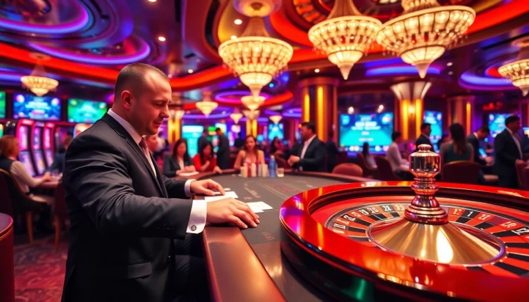 Experience gaming excitement at https://thabet.vegas/ with a dynamic casino scene featuring dealers and players.