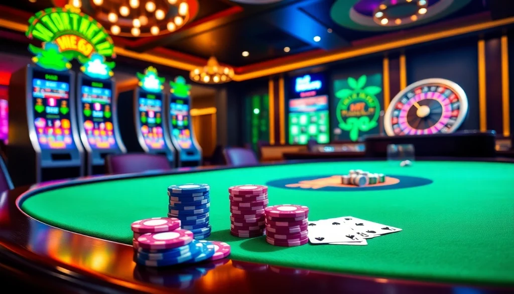 Exciting casino scene at MB 66 with poker chips, cards, and slot machines creating a thrilling atmosphere.