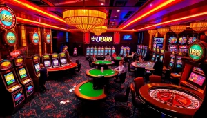 Engaging gamblers at u888 in a luxurious casino environment filled with slot machines and poker tables.