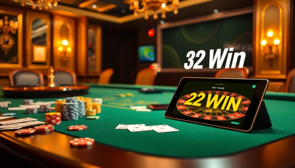 A vibrant casino scene showcasing the excitement of wagering at a gaming table, highlighting 32 Win among poker chips and cards.