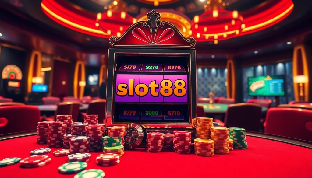 Spin the slot88 machine in a luxurious casino setting, surrounded by poker chips and dice.
