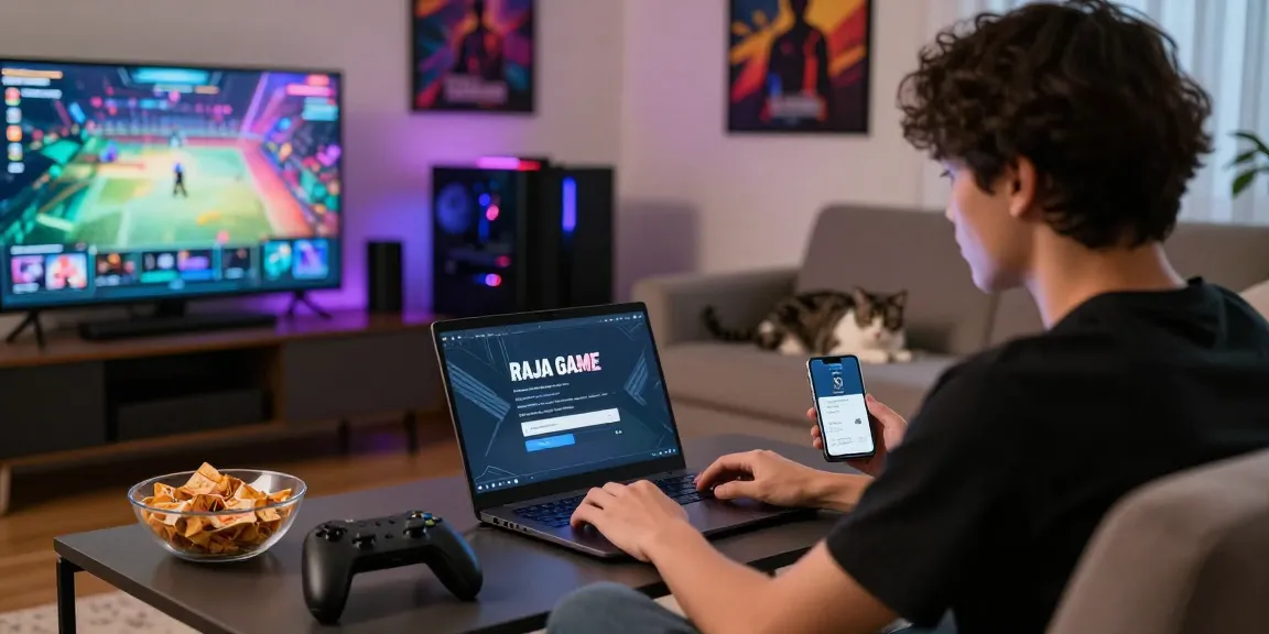 Raja Game login process shown with a gamer in a cozy setup, laptop and gaming environment.