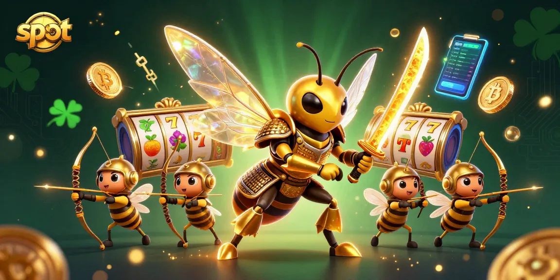 Experience exciting slot wins with vibrant golden hornet and bee archers amidst digital elements.